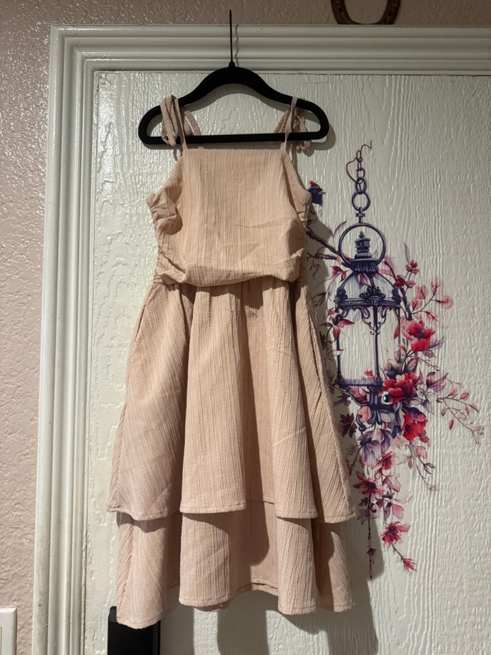 Girls Beige Tiered Sundress with Tie Shoulder Straps